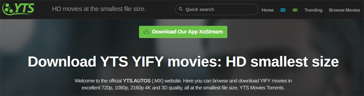 Screenshot van YTS torrentplatform maart 2024
