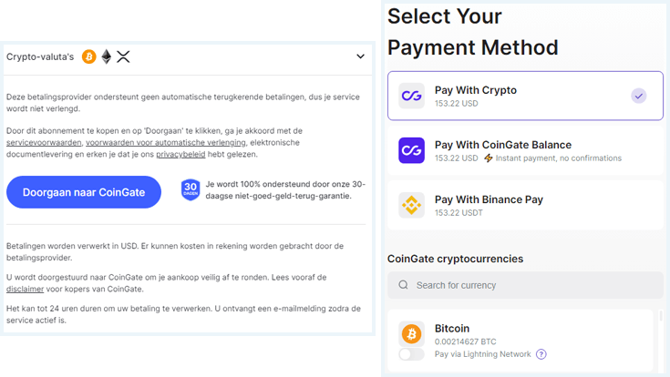 Link een scherm van NordVPN waar je ervoor kunt kiezen om te betalen met Bitcoin, rechts het vervolgscherm waar je kunt kiezen uit verschillende Bitcoin betaalmethodes zoals Binance Pay of CoinGate Balance
