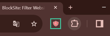 Blocksite icoon uitgelicht op de adresbalk naast de extensie knop en het toevoegen aan favorieten stericoon