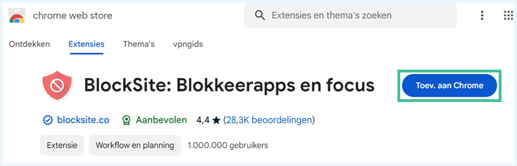 BlockSite knipsel van Chrome Webstore met knop toevoegen aan chrome uitgelicht