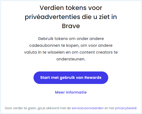 Menu van Brave met button om je aan te melden voor Brave Rewards
