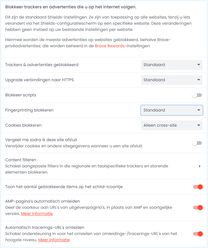 Menu van Brave met de mogelijkheid om de adblocker Shields verder in te stellen