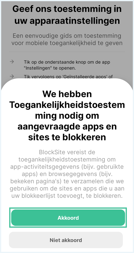 Screenshot van toegankelijkheid toestemming gevraagd op android mobiel bij het installeren van adblocker BlockSite