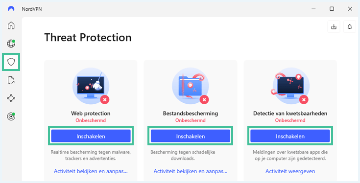 Menu van NordVPN Threat Protection waar je de verschillende onderdelen in kan schakelen