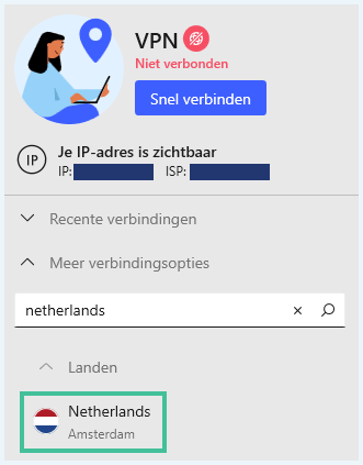 NordVPN menu-onderdeel om een server te kiezen en de VPN te verbinden
