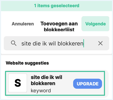 Knipsel van androidbeeldscherm om een site die je wilt blokkeren in de zoekbalk te typen