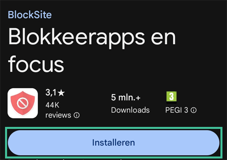 Knipsel van google play store om op android app adblocker BlockSite te installeren