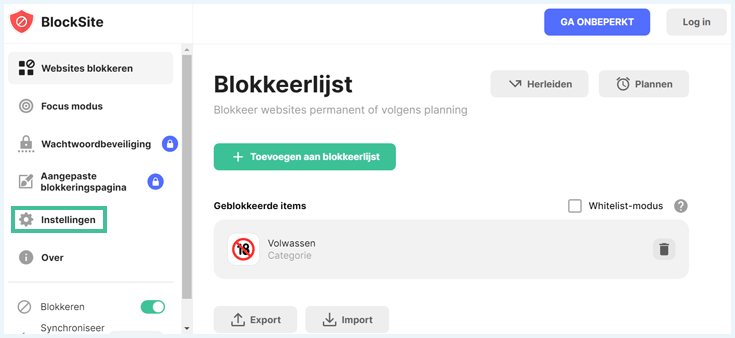 Overzicht van de instellingen van BlockSite met uitgelichte knop links in instellingen en rechts de mogelijkheid om blokkerlijsten toe te voegen