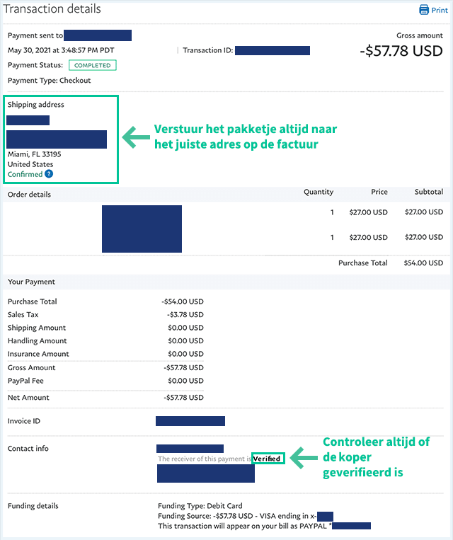 Screenshot van transactiedetails met adres en verificatie van de andere partij uitgelicht