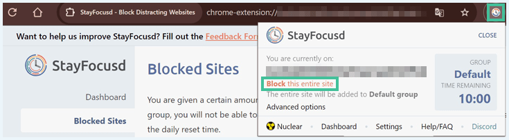 Knipsel van StayFocusd met uitgelichte knop ''block this entire site''