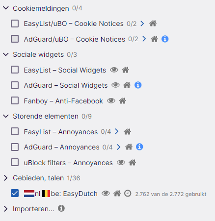 Screenshot van de instellingen van uBLock Origin met de extra zaken die je kunt laten blokkeren, zoals cookiemeldingen en sociale widgets.