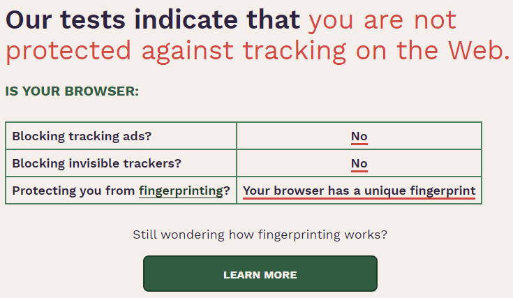 Resultaten van Cover Your Tracks voor UBlock Origin. De ad blocker voorkomt tracking niet.