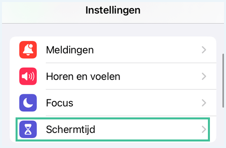 iPhone knipsel van instellingen met onder de knop Schermtijd uitgelicht