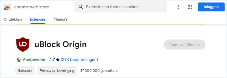 Screenshot van de uBlock-extensie voor Chrome met button om de extensie toe te voegen