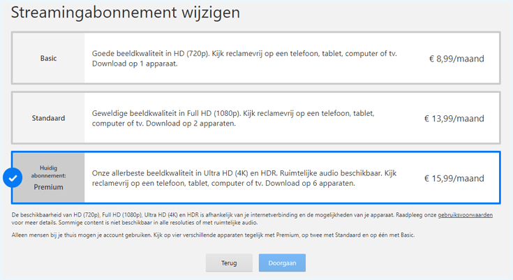 Menu om je streamingabonnement te wijzigen bij Netflix