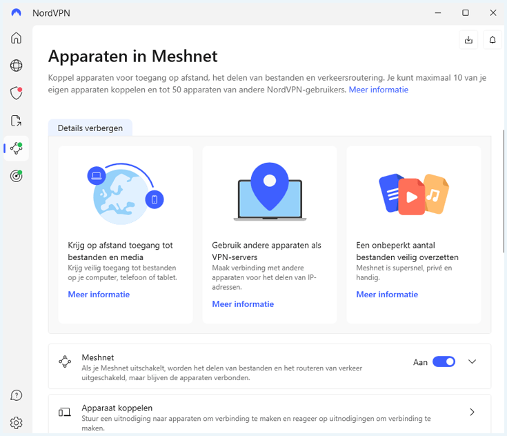 Instellingen voor Meshnet in de Windows-app van NordVPN