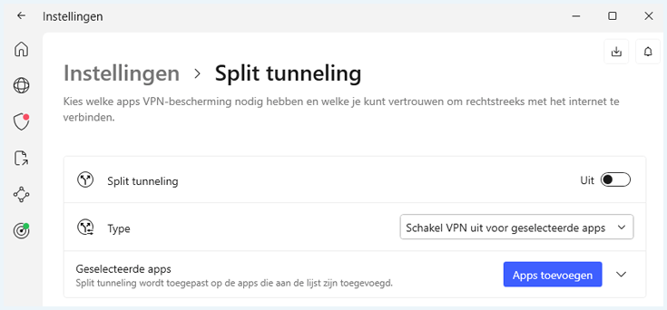 Instellingen voor split tunneling in de Windows-app van NordVPN