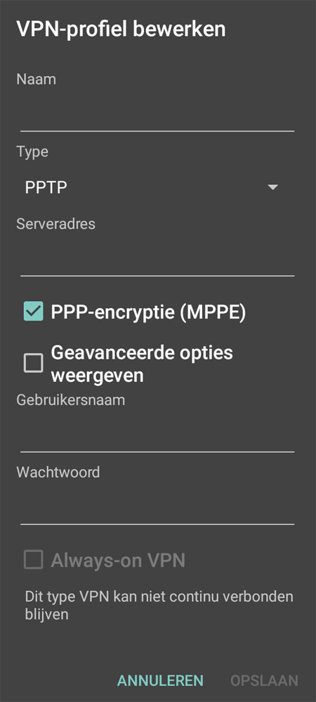 Screenshot van een Android-telefoon met het menu "VPN-profiel bewerken" open. Er wordt gevraagd voor het invullen van een naam, type, serveradres, gebruikersnaam en wachtwoord.