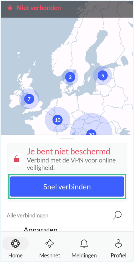 Screenshot van een smartphone scherm met de NordVPN app. Er staat "Je bent niet beschermd. Verbind met de VPN voor online veiligheid" in het midden, met een knop met "Snel verbinden" eronder.