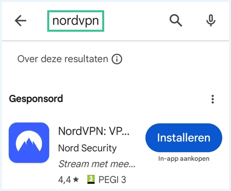Screenshot van de Google Play store op smartphone, met de zoekopdracht "NordVPN" ingevuld.