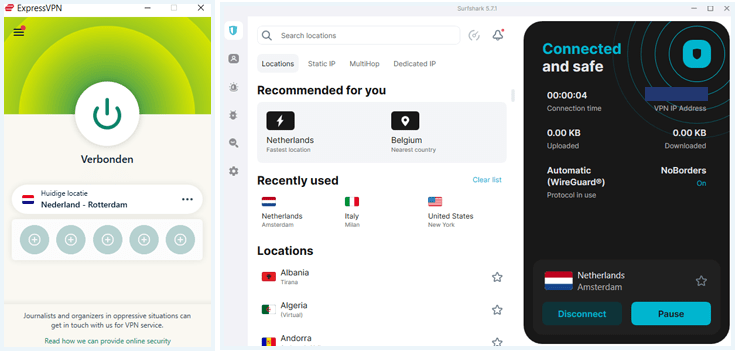 Screenshot van de Windows-app van ExpressVPN (links) en van de Windows-app van Surfshark (rechts)