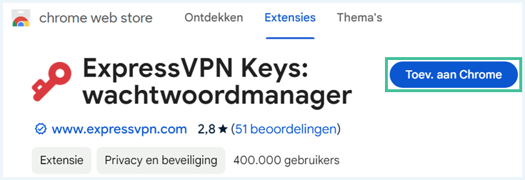Chrome webstore met zoekscherm ExpressVPN Keys wachtwoordmanager