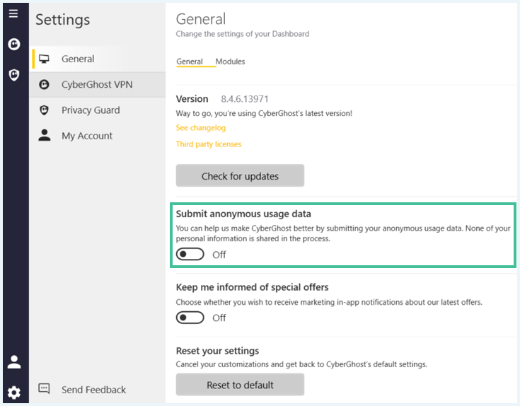 Scherm van instellingen CyberGhost-app met 'submit anonymous usage data' omcirkeld