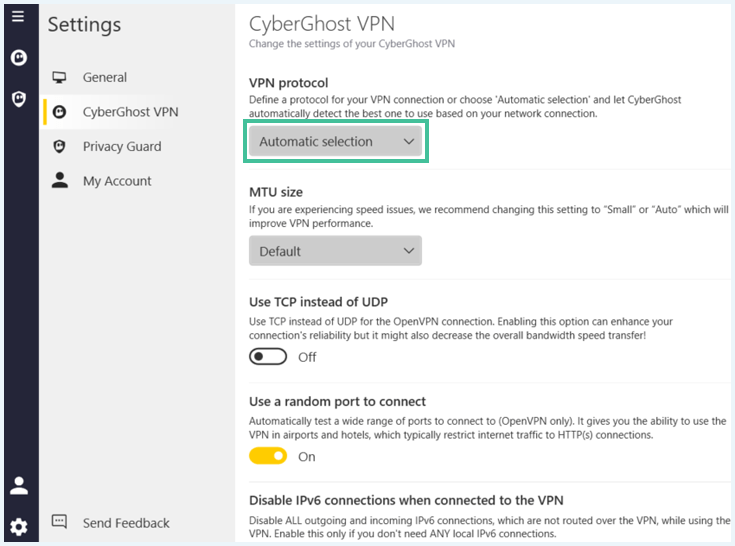 Scherm van instellingen CyberGhost-app met 'Automatic selection' bij VPN-protocol omcirkeld