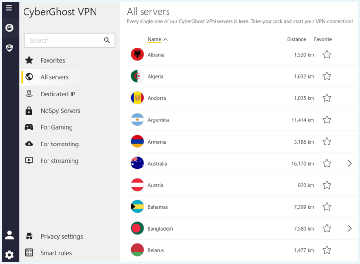 Scherm van CyberGhost-app waarop alle servers te zien zijn