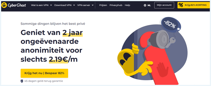 Screenshot van de website van CyberGhost met daarop de aanbieding van 2,19 euro per maand voor 2 jaar