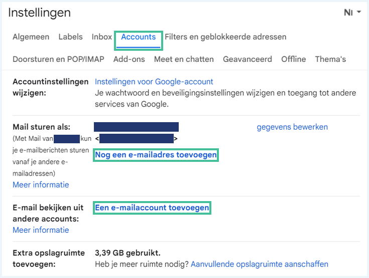 Tabblad 'Accounts' in de instellingen van Gmail