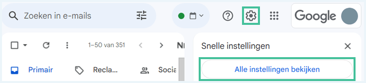 Scherm om de instellingen van Gmail te openen