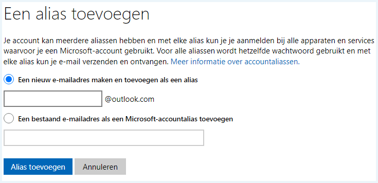 Scherm van Outlook om een e-mailalias toe te voegen