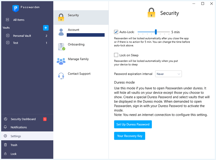 Windows-app van Passwarden met links het menu