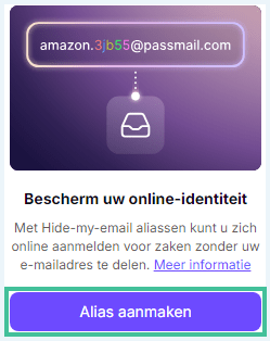 Menu-item van ProtonMail met paarse button om een hjide-my-email-alias aan te maken