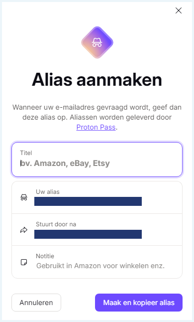Pop-up scherm van ProtonMail om een hide-my-emailalias aan te maken