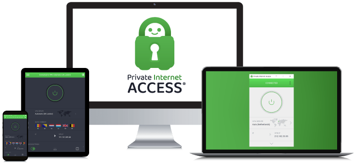 Laptop, Tablet, Smartphone en Desktop PC met daarop het PIA VPN Logo en de verschillende App interfaces