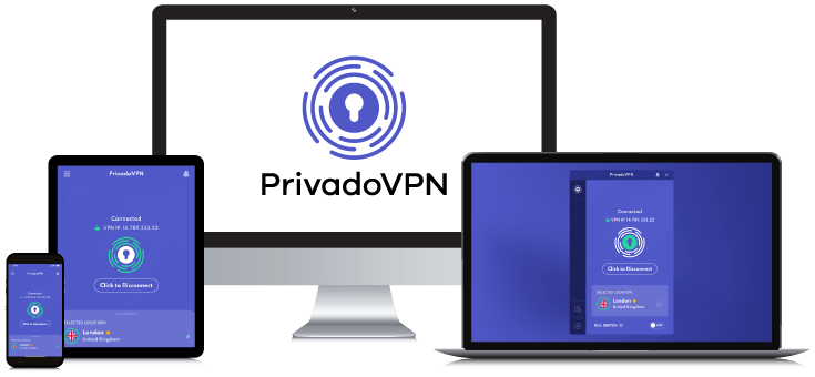 Laptop, Tablet, Smartphone en Desktop PC met daarop het PrivadoVPN Logo en de verschillende App interfaces