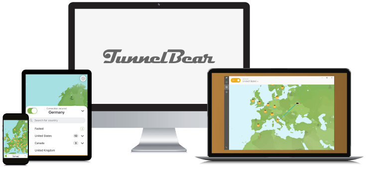Laptop, Tablet, Smartphone en Desktop PC met daarop het TunnelBear VPN Logo en de verschillende App interfaces