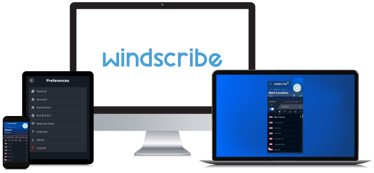 Laptop, Tablet, Smartphone en Desktop PC met daarop het Windscribe VPN Logo en de verschillende App interfaces