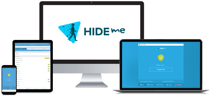 Laptop, Tablet, Smartphone en Desktop PC met daarop het hide.me VPN Logo en de verschillende App interfaces