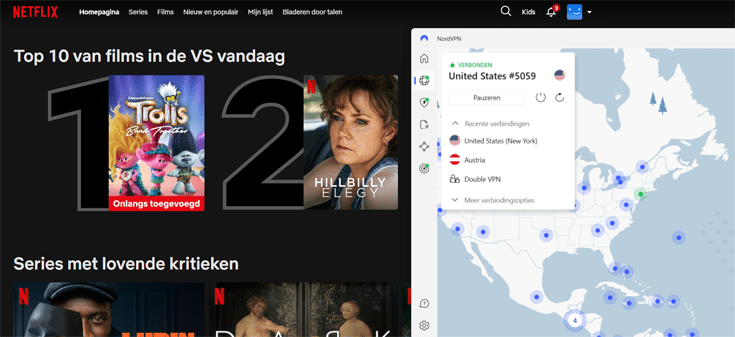 Screenshot van de Amerikaanse Netflix-bibliotheek met daarnaast de app van NordVPN verbonden met een Amerikaanse server