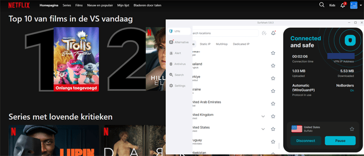Screenshot van de Amerikaanse Netflix-bibliotheek met daarnaast de app van Surfshark verbonden met een Amerikaanse server