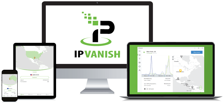 Laptop, Tablet, Smartphone en Desktop PC met daarop het IPVanish VPN Logo en de verschillende App interfaces