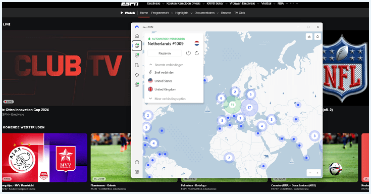 Screenshot van de website van ESPN met NordVPN verbonden met een Nederlandse server
