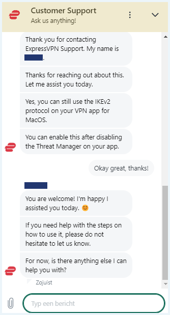 Screenshot van een gesprek met de live chat van ExpressVPN