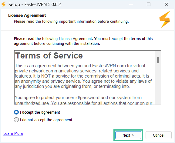 Screenshot van de pagina van Terms of Service bij de installatiewizard van FastestVPN