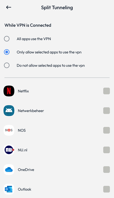 Screenshot van FastestVPN op Android met de opties die split-tunneling biedt