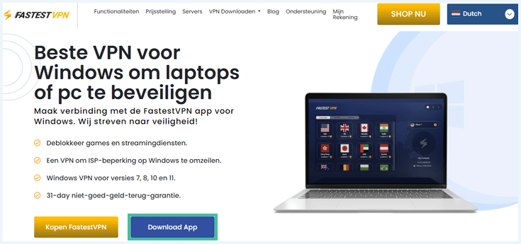 Screenshot van downloadpagina van FastestVPN voor Windows, met de knop 'Download App' omcirkeld