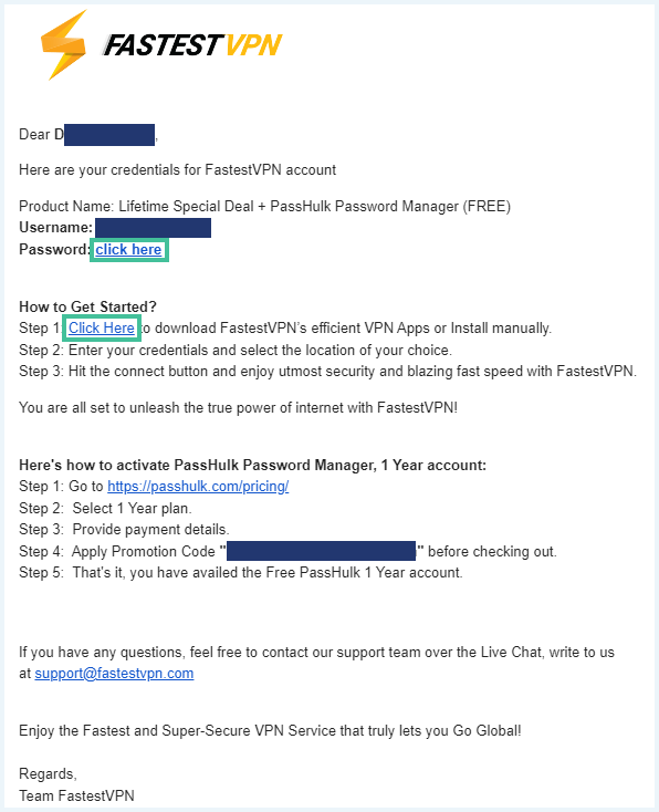 Screenshot van de e-mail die je ontvangt na het downloaden van de VPN met daarin instructies voor het installeren, en de linkjes uitgelicht